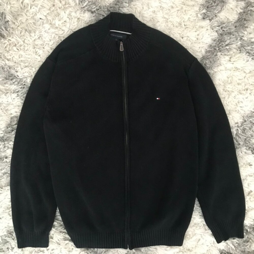 Vintage Tommy Hilfiger Knitted Heavy Sweater Full Zip Men's XL Black